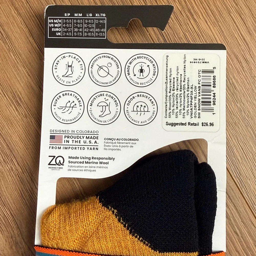 Vans x Smartwool Snowboard Socks Golden Yellow Checkerboard Merino Wool XL